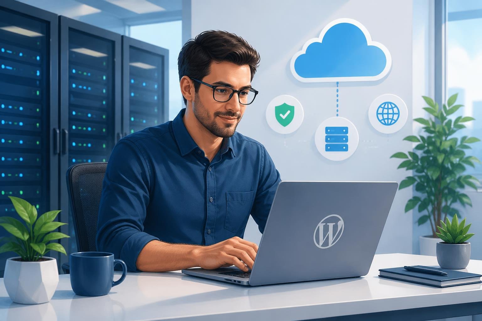 InterServer Review WordPress Hosting: Budget Reliability in 2026 2 A person working on a laptop with WordPress logo in a modern office with server and cloud icons in the background.