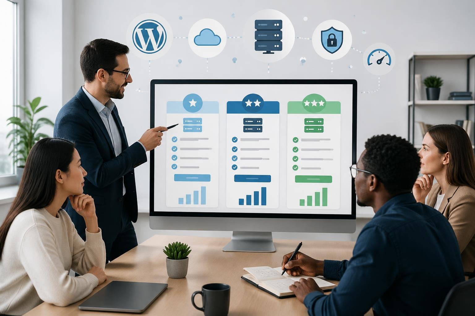 InterServer Review WordPress Hosting: Budget Reliability in 2026 3 A group of professionals discussing hosting plans around a computer displaying charts and icons related to WordPress hosting and pricing.