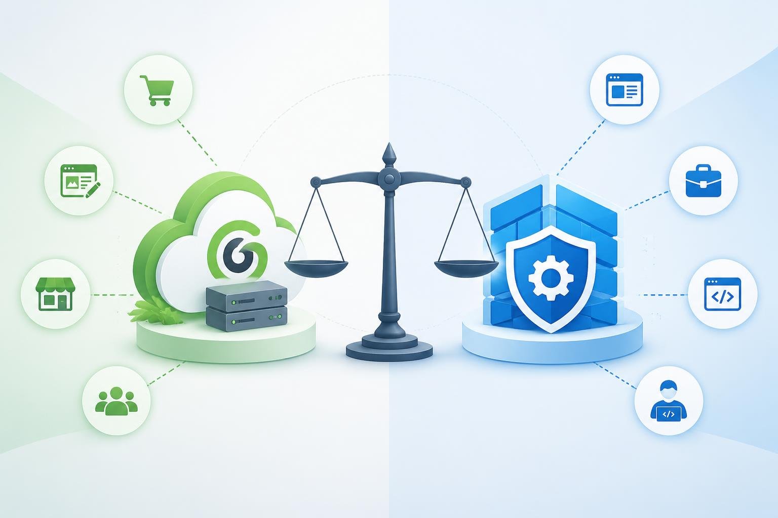 An illustration showing two different web hosting services represented by distinct icons balanced on a scale, with small icons around indicating different website use cases connected by each service.