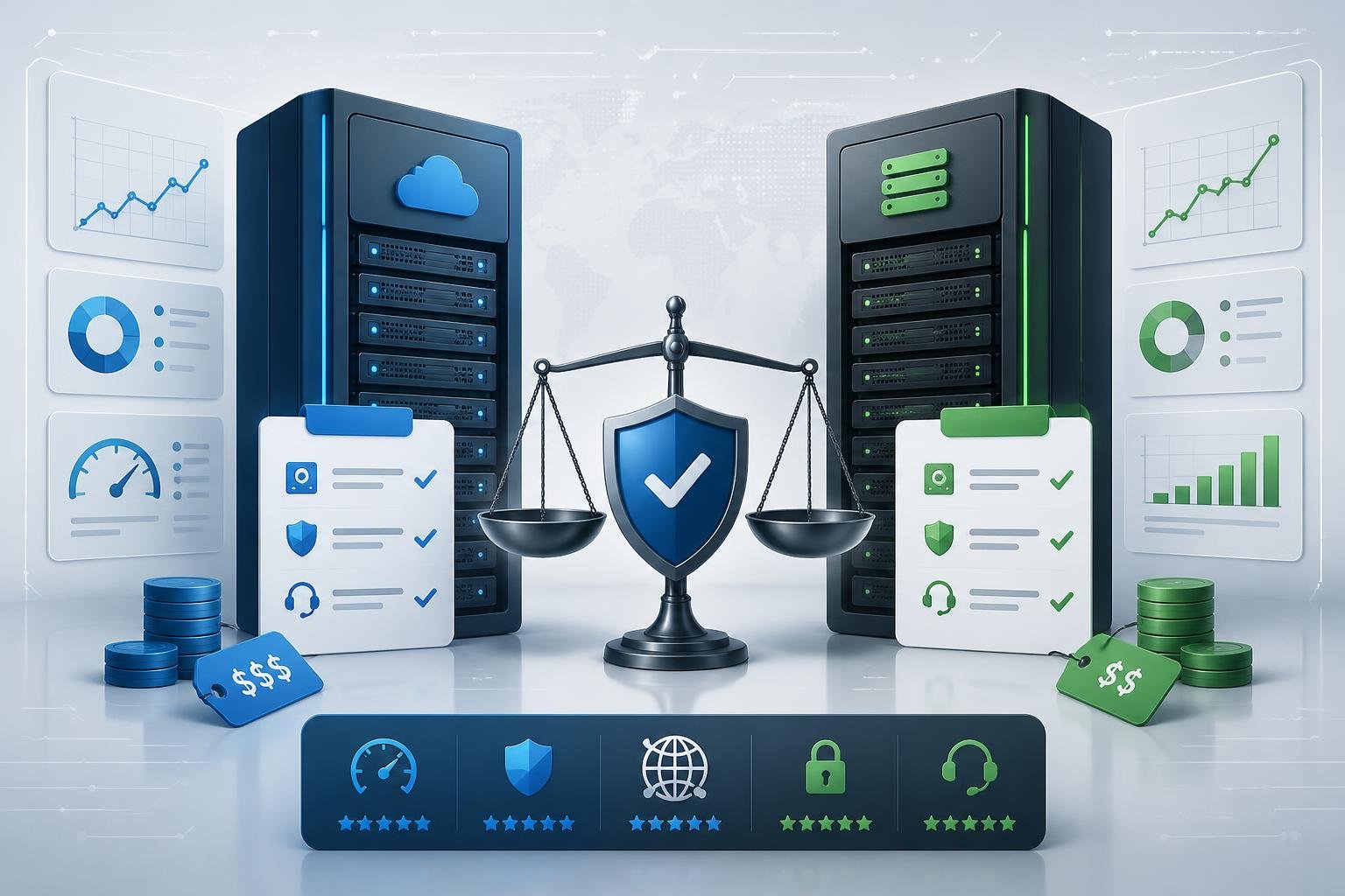 SiteGround vs WP Engine: Which Is Better in 2026? 3 Two modern server racks side by side with charts, coins, and plan icons around them, symbolizing a comparison of pricing, plans, and value.