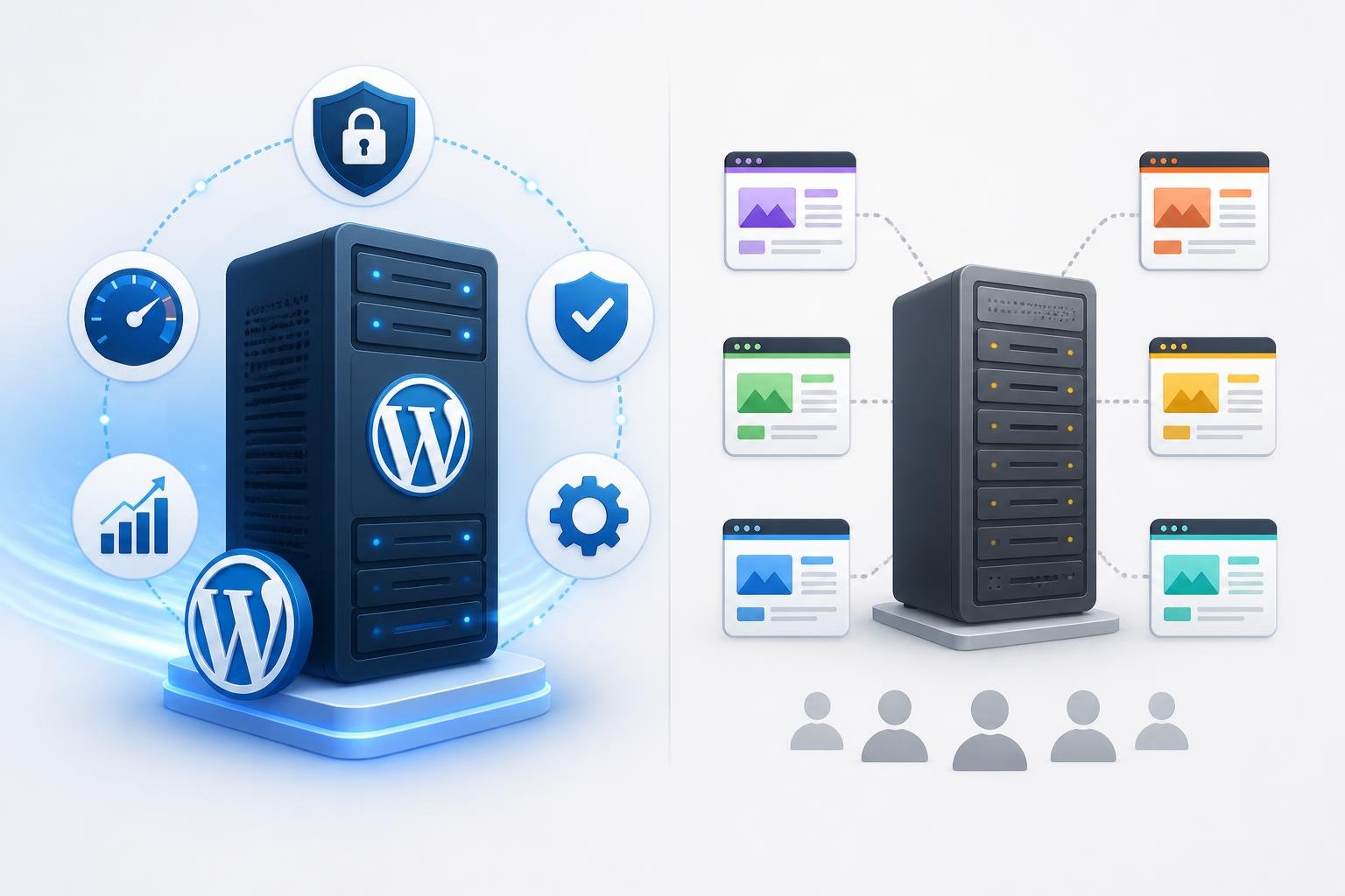 A side-by-side illustration comparing WordPress hosting with a dedicated server and optimized features, and shared hosting with a single server hosting multiple websites.