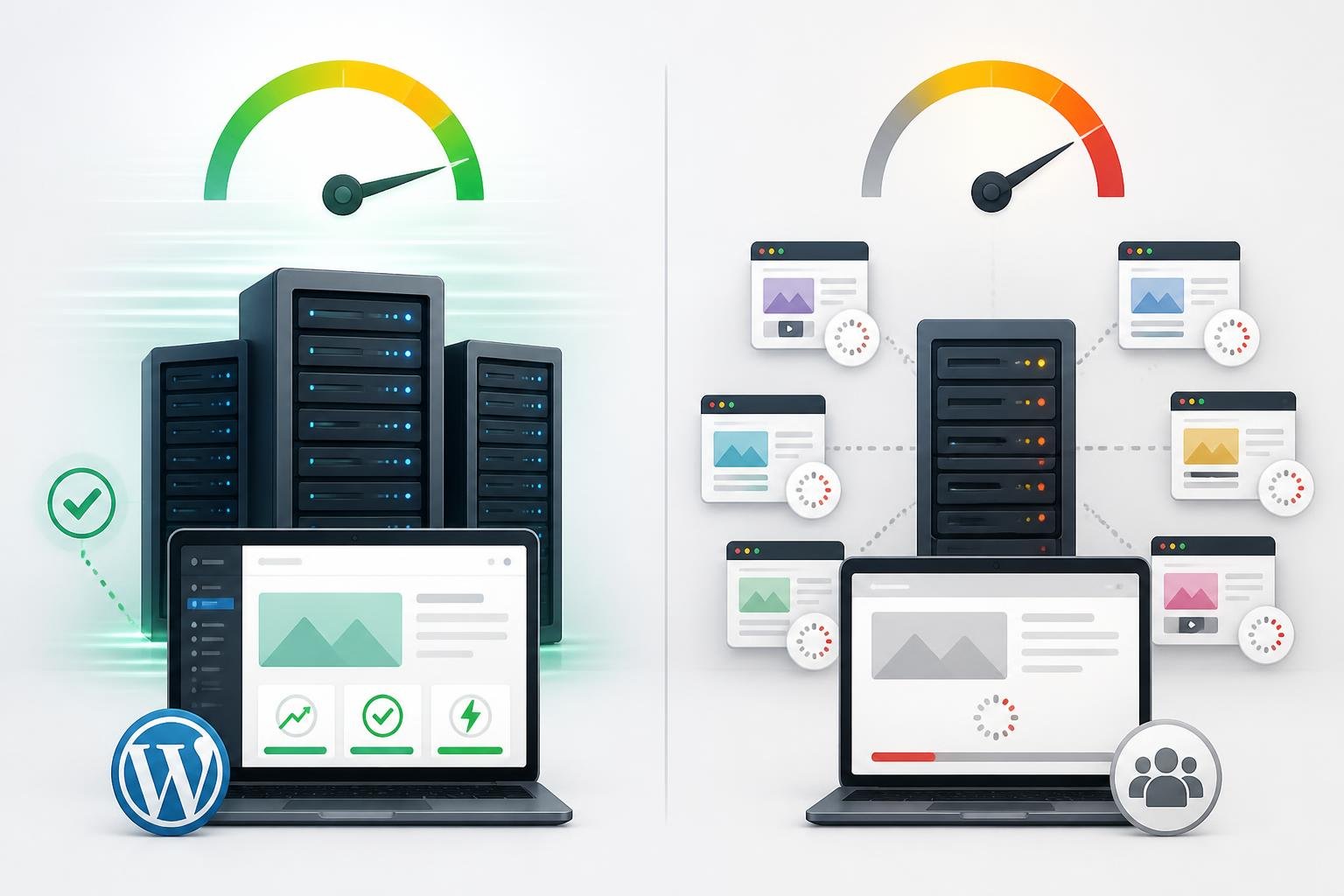 A split illustration showing two server setups side by side: one optimized WordPress hosting server with fast website loading, and one shared hosting server with multiple websites and slower loading performance.