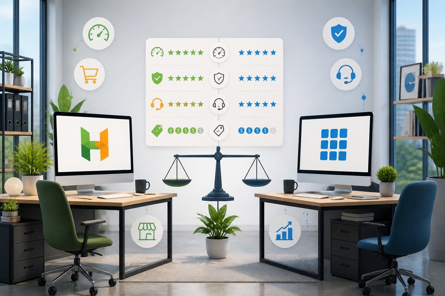 Hostinger Vs Bluehost For Small Business: 2026 Verdict 1 Two office desks facing each other with computers displaying logos representing two web hosting services, with a balanced scale or chart between them showing a comparison, surrounded by small business icons.