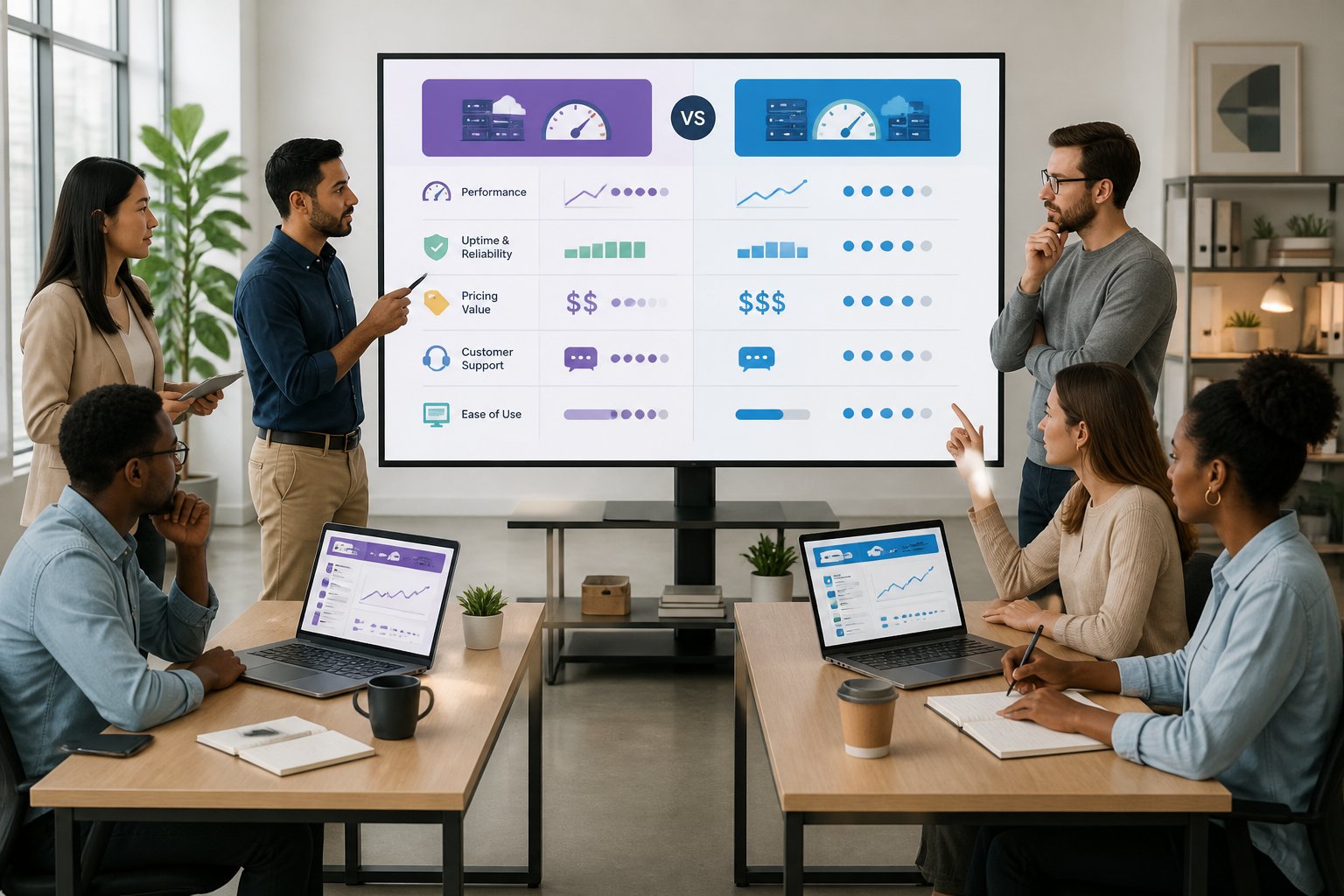 Hostinger Vs Bluehost For Small Business: 2026 Verdict 2 Two small business owners comparing web hosting options on laptops in a modern office with a large screen showing charts and graphs between them.