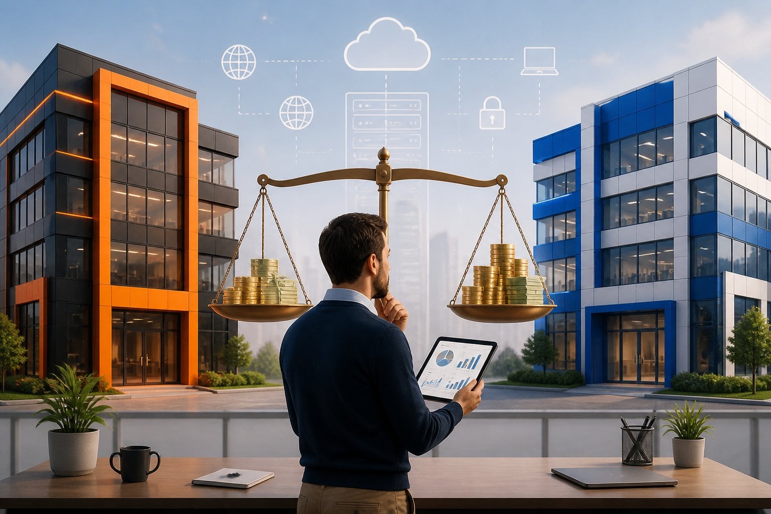 Hostinger Vs Bluehost For Small Business: 2026 Verdict 3 A small business owner compares two office buildings representing two web hosting companies, with a balanced scale showing stacks of coins between them.