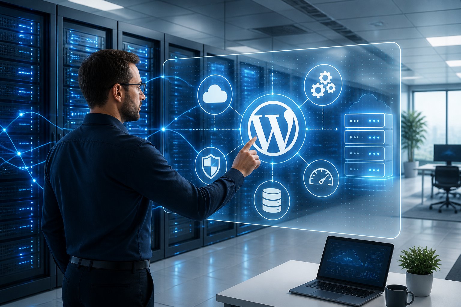 An IT professional interacting with a digital interface in a modern server room with glowing servers and WordPress-related icons.