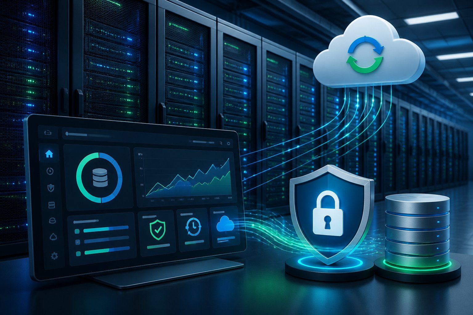 A data center with server racks, a digital dashboard showing backup and security icons, and symbols representing cloud backup and protection.