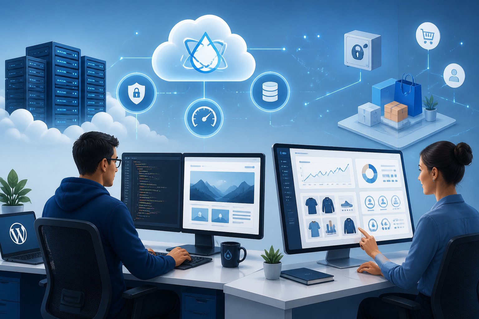 A developer coding on a computer and a store manager reviewing a digital dashboard with sales and inventory data, surrounded by icons representing cloud hosting and network connections.