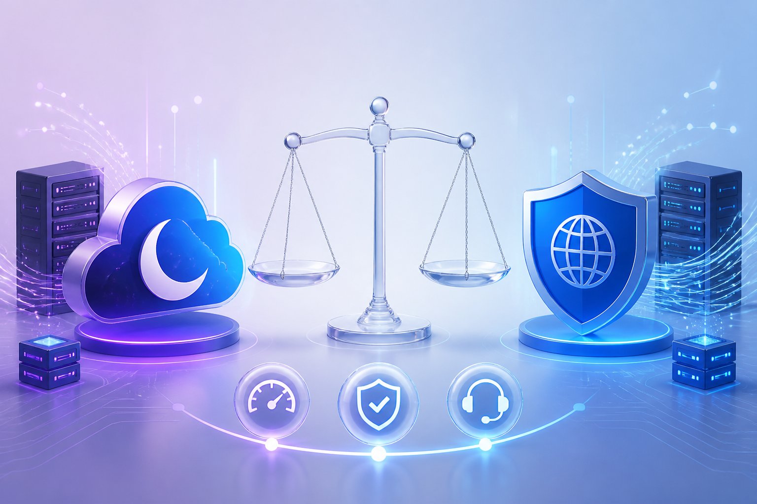 An illustration showing a balanced comparison between two web hosting companies, represented by a dream cloud icon on the left and a blue shield with a globe on the right, connected by a scale symbolizing fairness.
