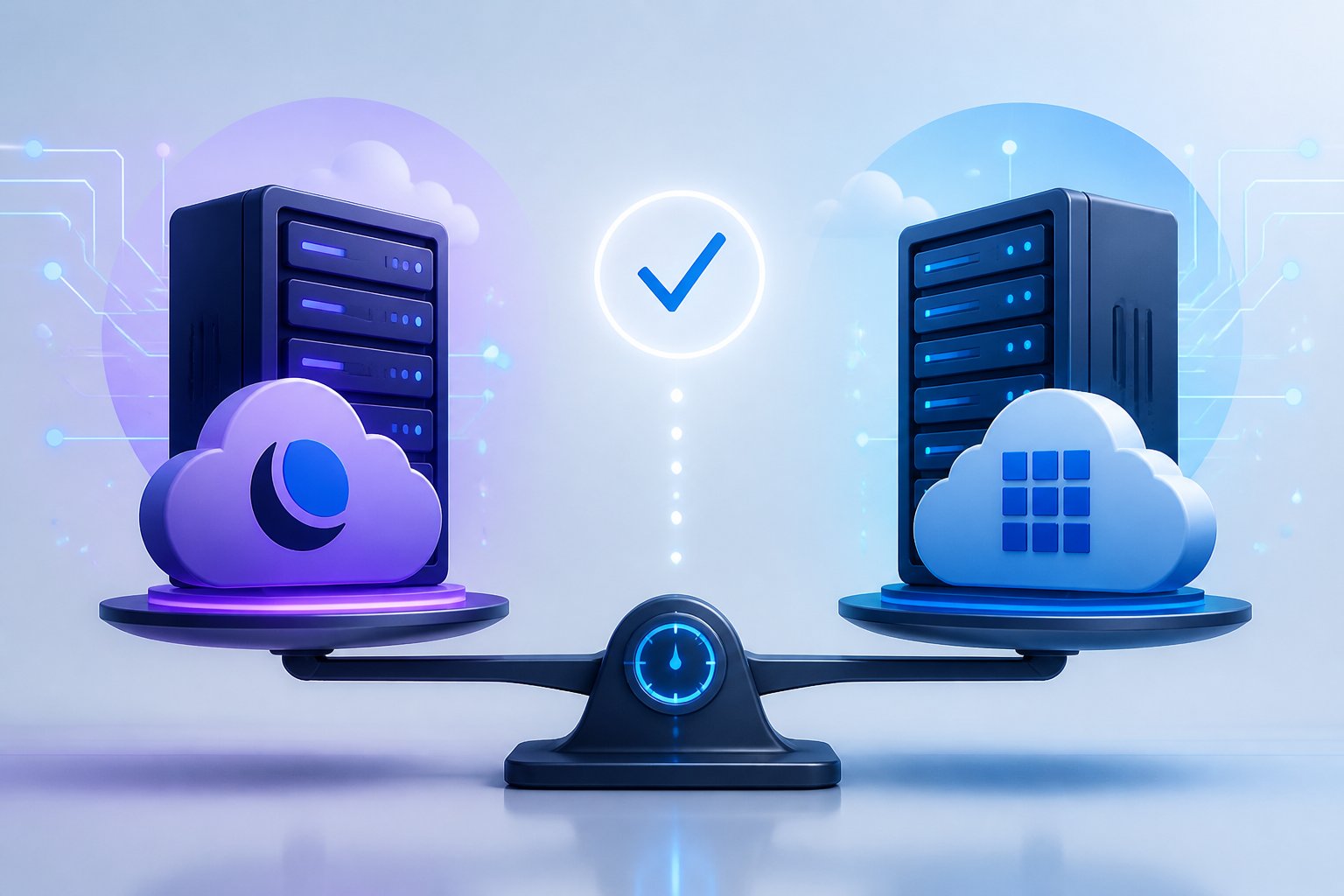 A balanced comparison illustration showing two server icons representing DreamHost and Bluehost with a digital scale between them indicating a verdict.