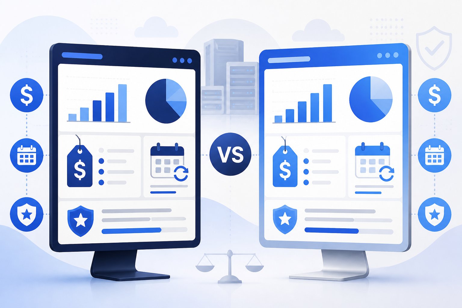 Two computer screens side by side showing graphical elements representing pricing, renewal costs, and value comparison between two web hosting services.