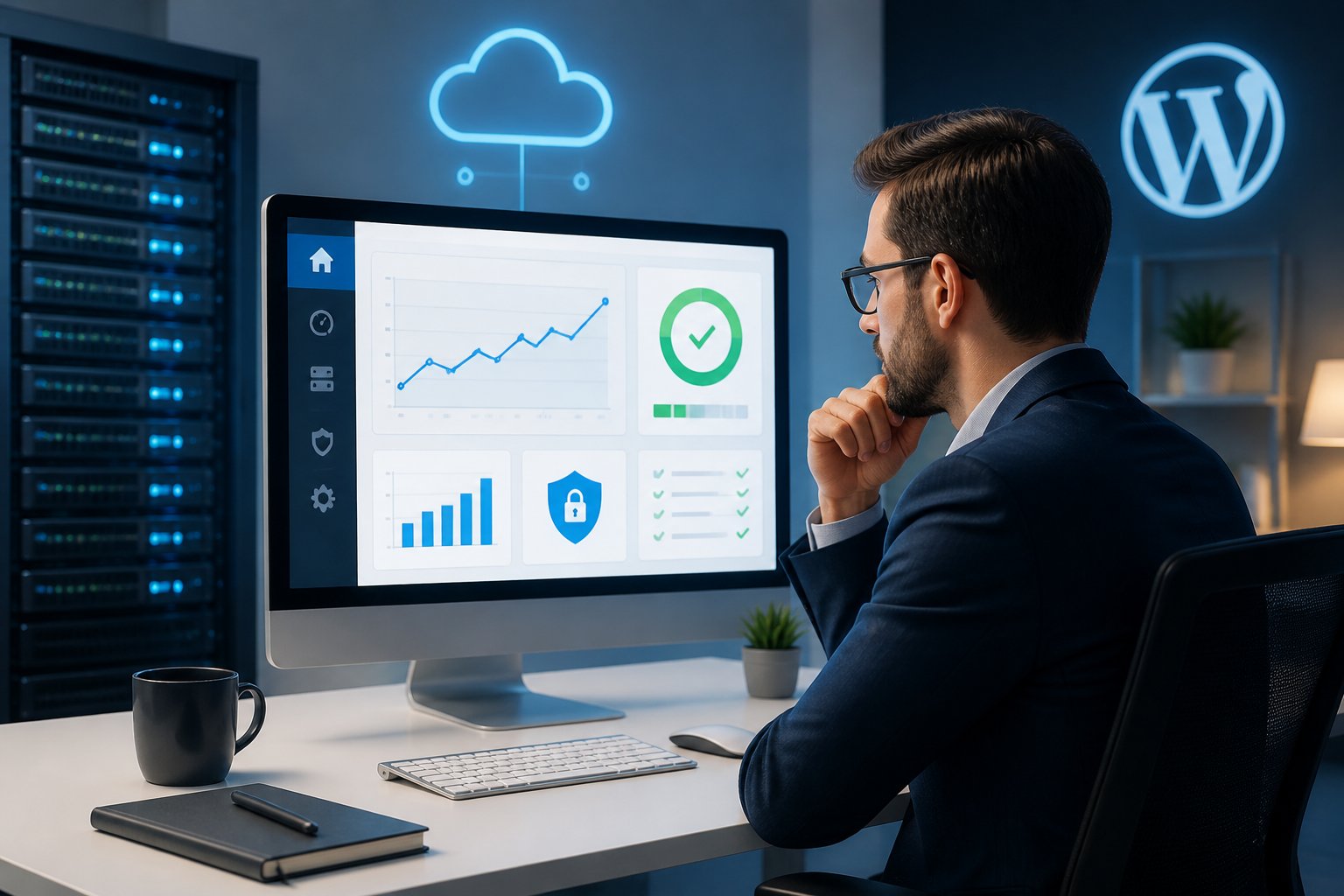 A business professional at a desk with a computer showing hosting performance data, surrounded by server and cloud icons.