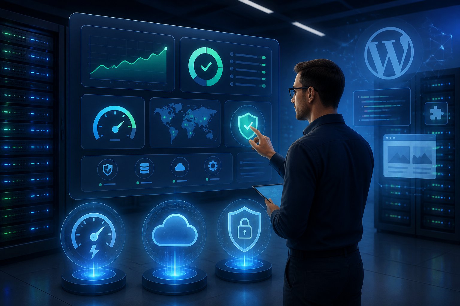 An IT professional monitoring servers and website performance metrics in a modern server room with digital icons representing speed, security, and reliability.