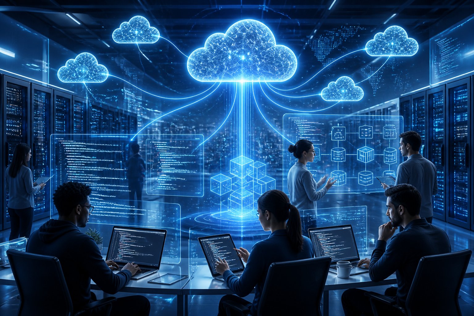 Developers working with laptops and holographic screens in a futuristic cloud server environment showing interconnected cloud icons and digital networks.