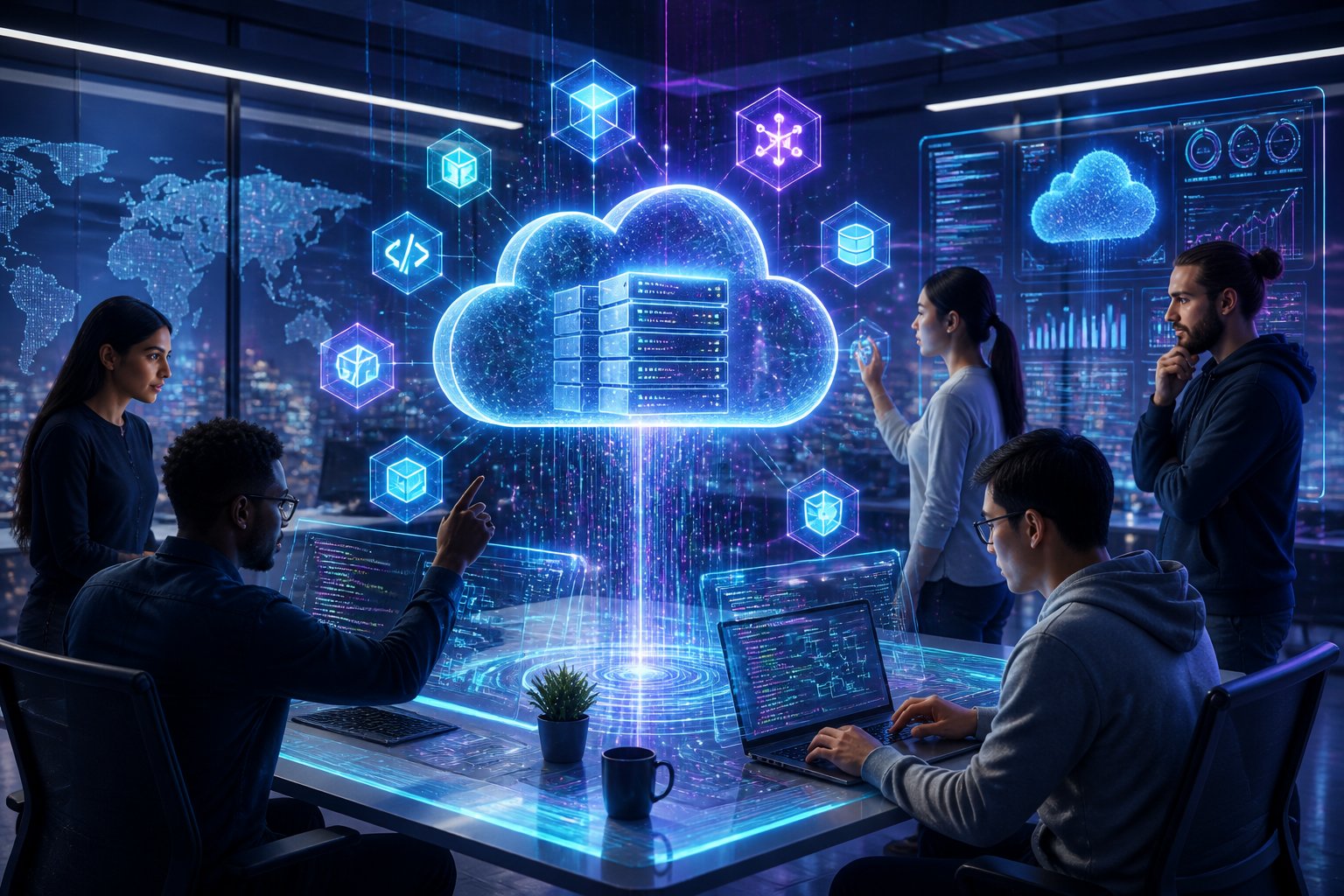 A group of developers working together around a futuristic holographic cloud interface displaying cloud hosting and coding icons in a high-tech workspace.