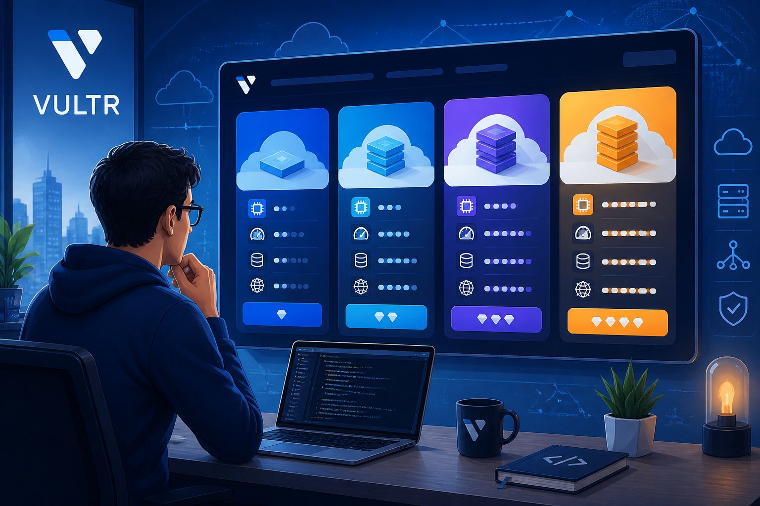 A developer at a desk reviewing a digital dashboard showing multiple cloud hosting plans with icons representing features and pricing tiers.