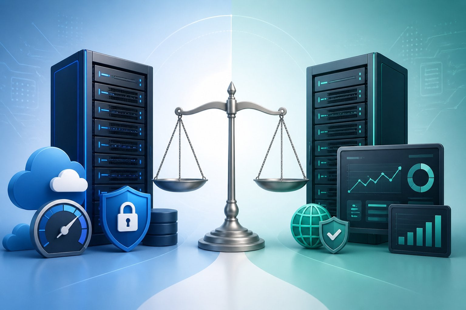 An illustration showing two server setups side by side with icons representing cloud hosting, speed, security, and performance, connected by a central balance scale symbolizing comparison.