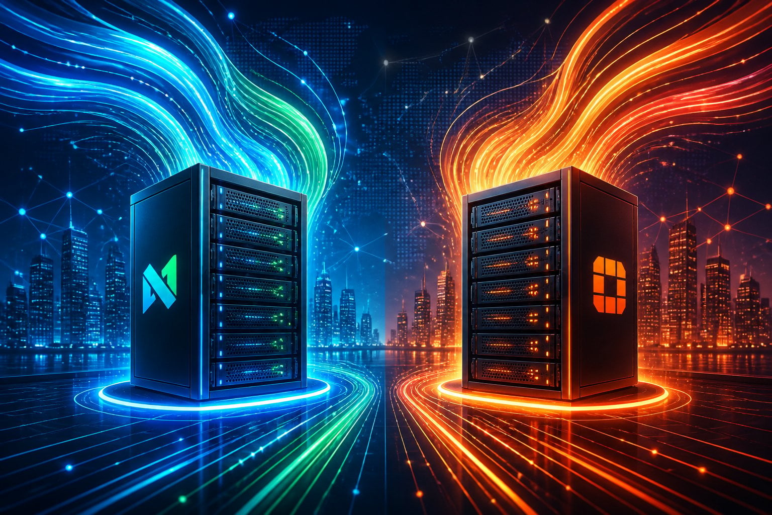 Two server racks side by side with colorful flowing lines representing data traffic, set against a digital cityscape background symbolizing web hosting performance comparison.