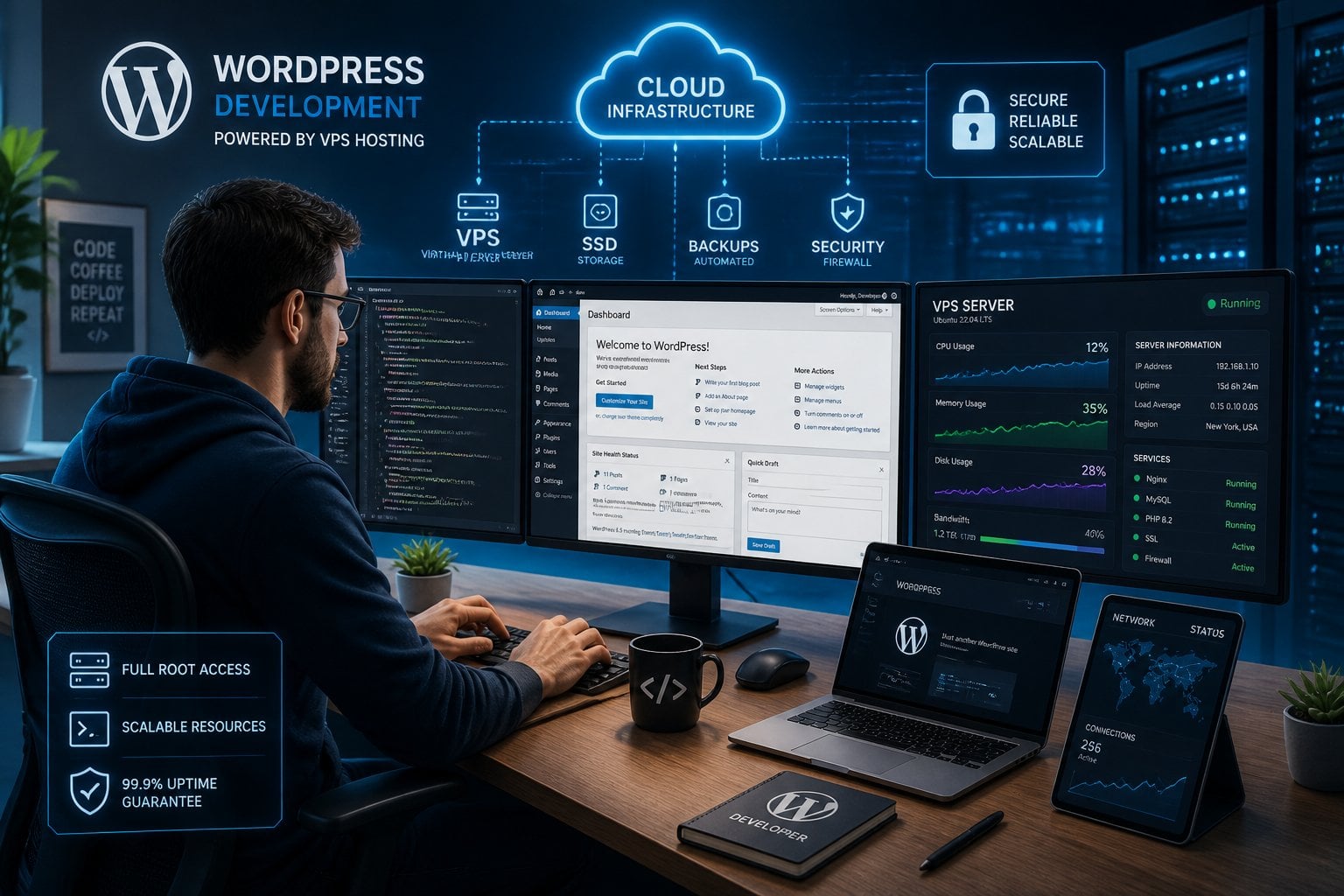 A developer working at a desk with multiple screens showing code and server data, surrounded by icons representing cloud servers and network connections.