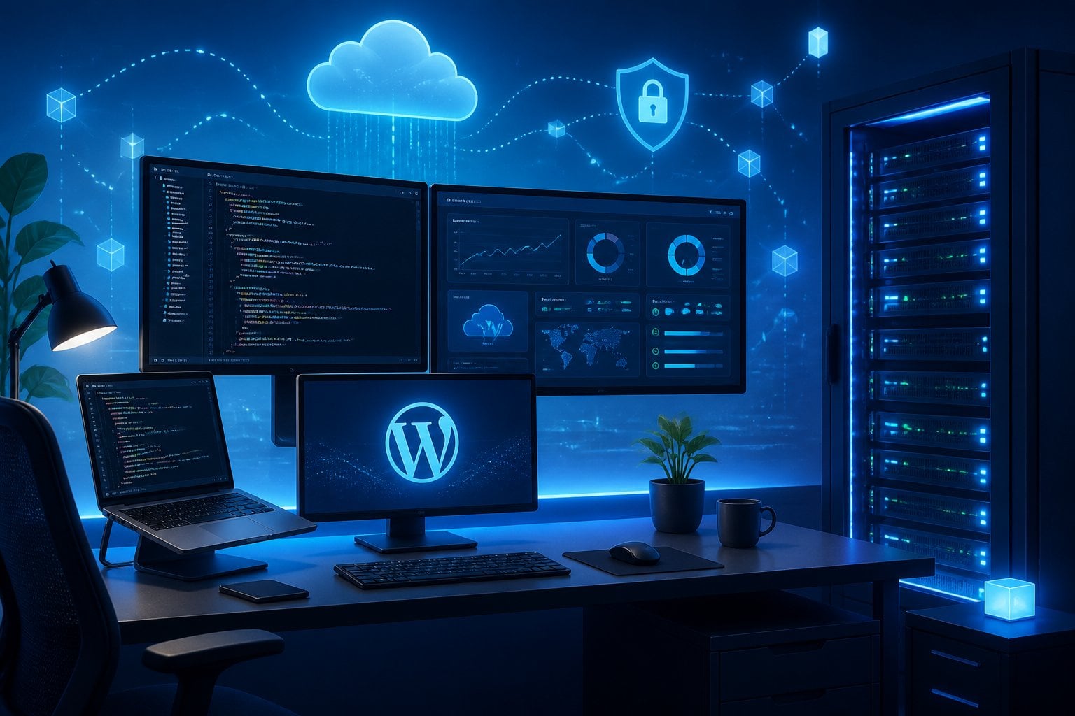 A developer's workspace with multiple monitors showing code and server dashboards next to a glowing VPS server rack, surrounded by abstract cloud and data transfer symbols.