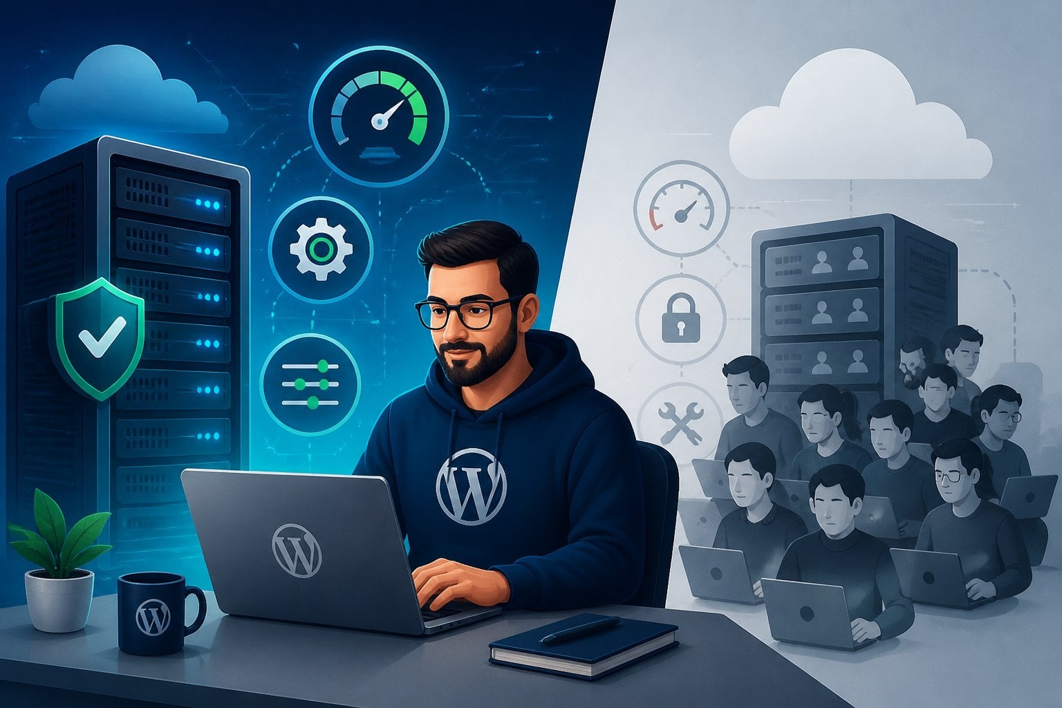 A WordPress developer working on a laptop with visual elements highlighting VPS hosting advantages over shared and managed plans, including servers and technology icons.