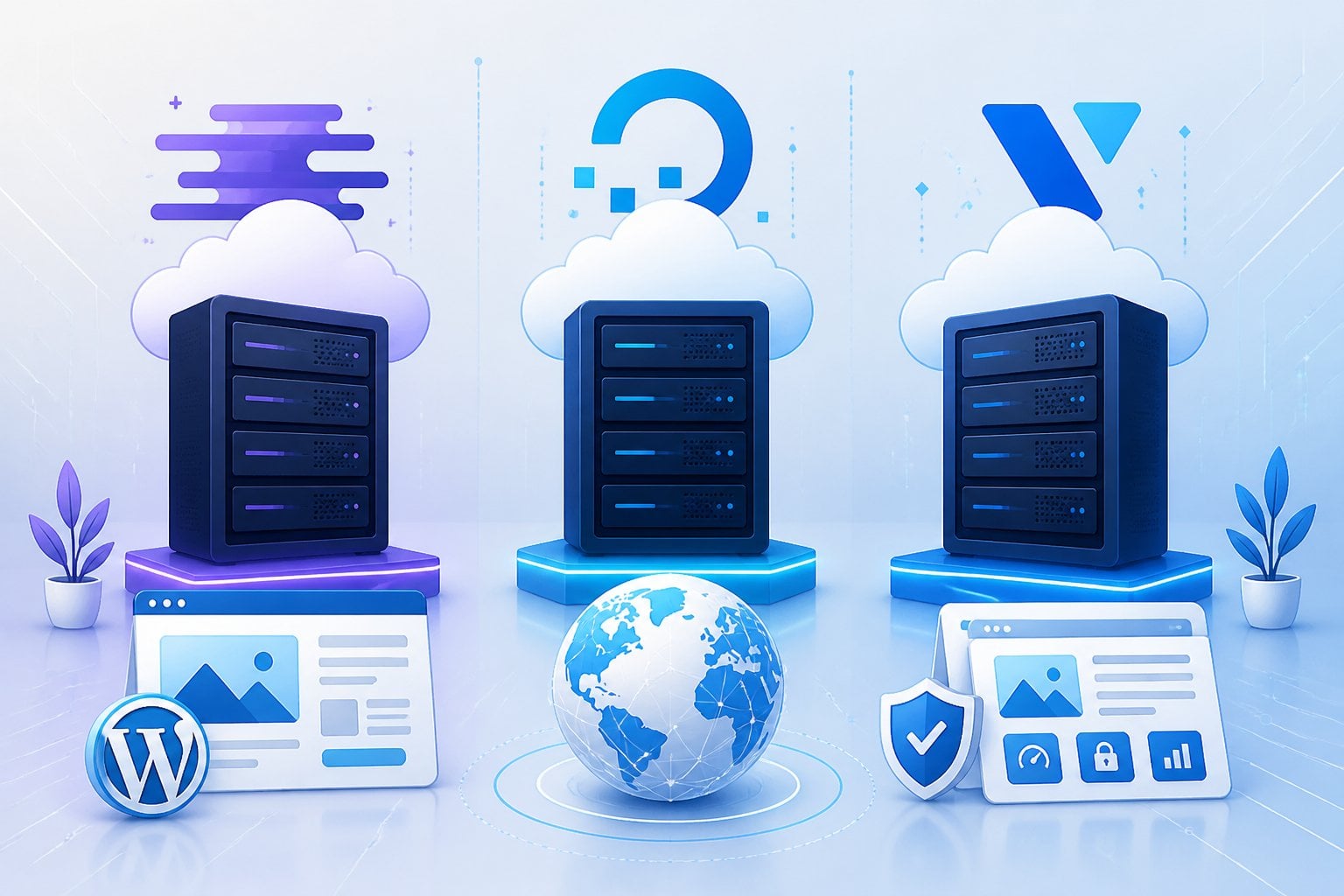 Three stylized cloud server icons side by side representing different cloud hosting providers with abstract elements symbolizing WordPress and digital infrastructure.
