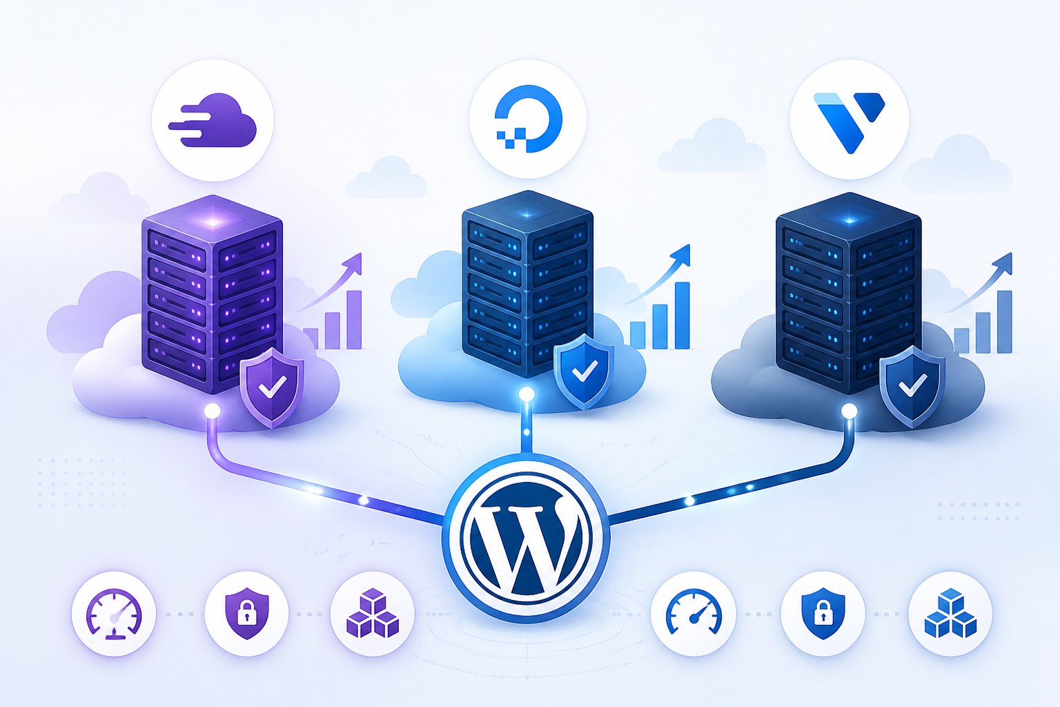 Illustration showing three server icons representing Cloudways, DigitalOcean, and Vultr connected to a central WordPress logo with cloud and network graphics around them.