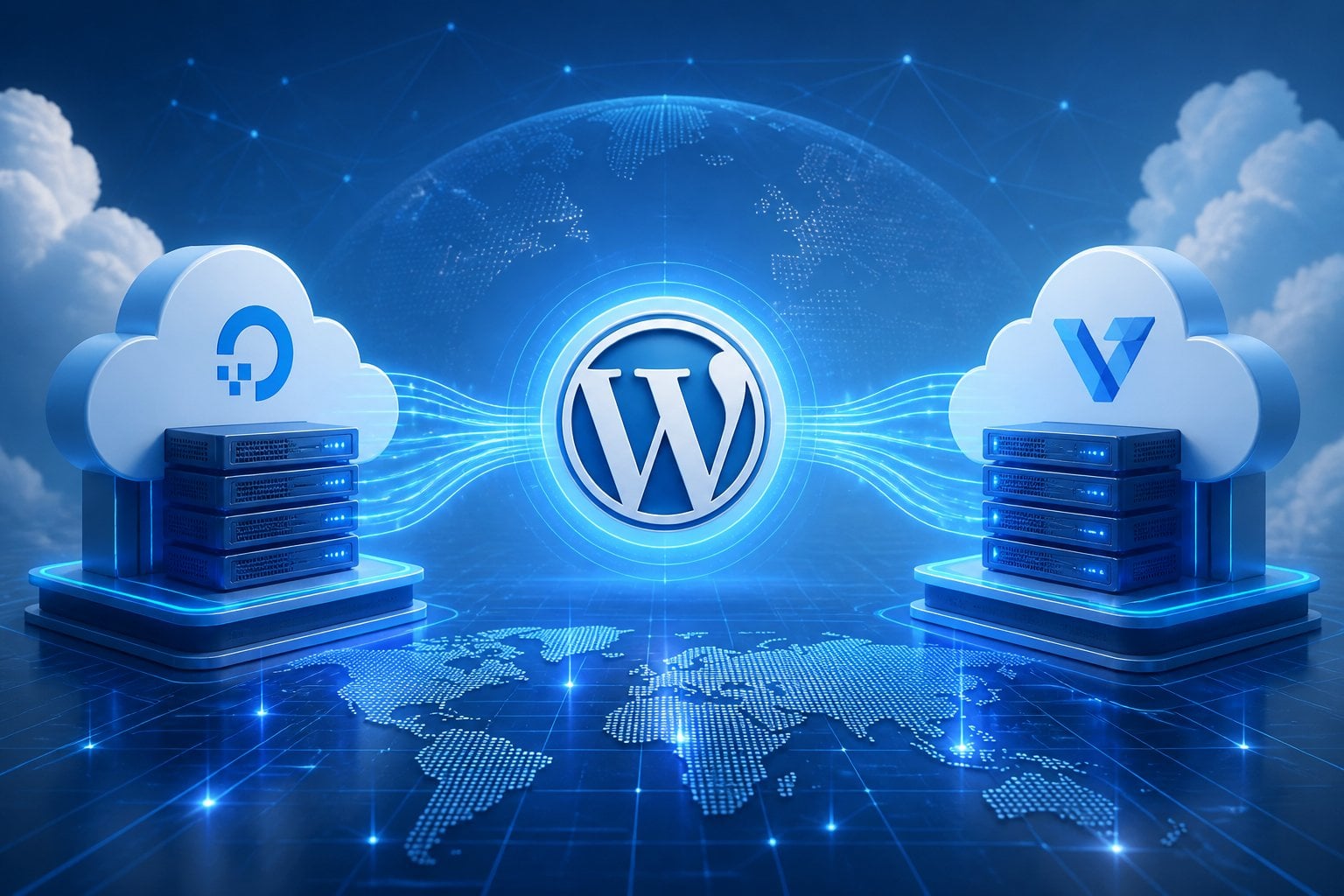 Illustration showing two cloud servers connected to a WordPress symbol with glowing data streams, representing fast cloud hosting performance.