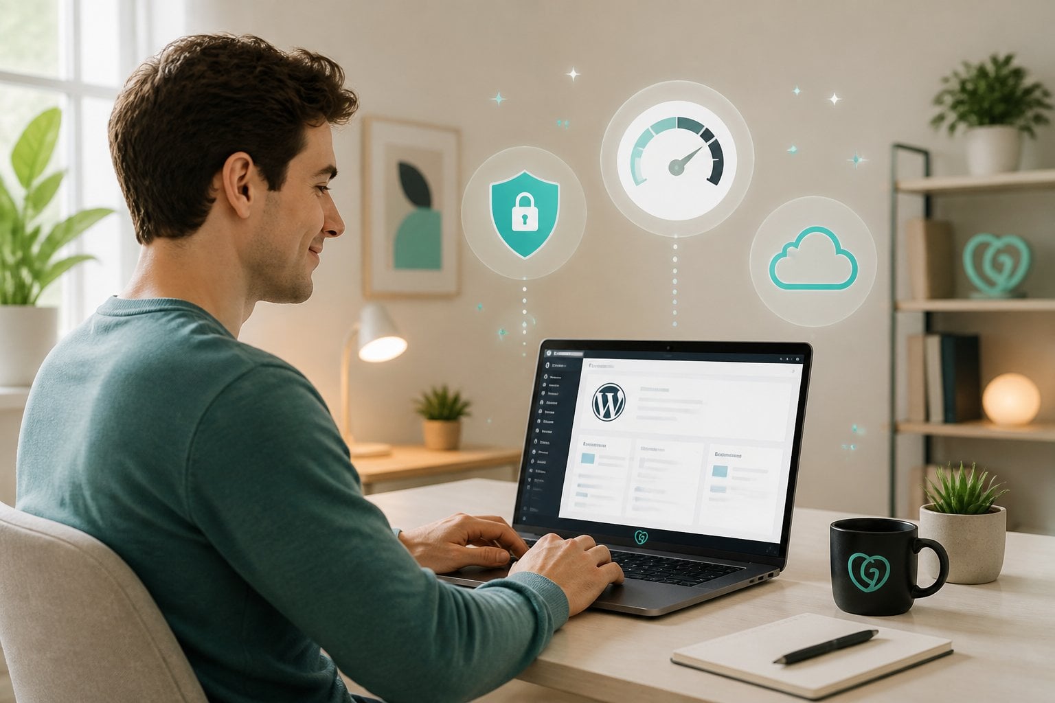 A person using a laptop with a WordPress dashboard open, surrounded by icons representing security, speed, and hosting, in a bright home office setting.