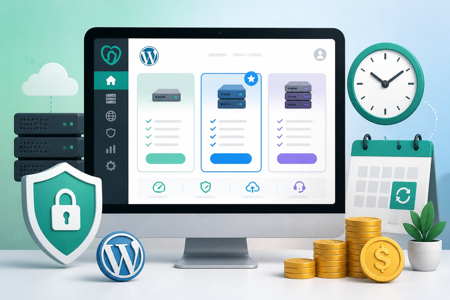 A computer screen showing hosting plans and pricing options with icons for security, renewal timing, and cost, surrounded by symbolic elements representing web hosting concepts.