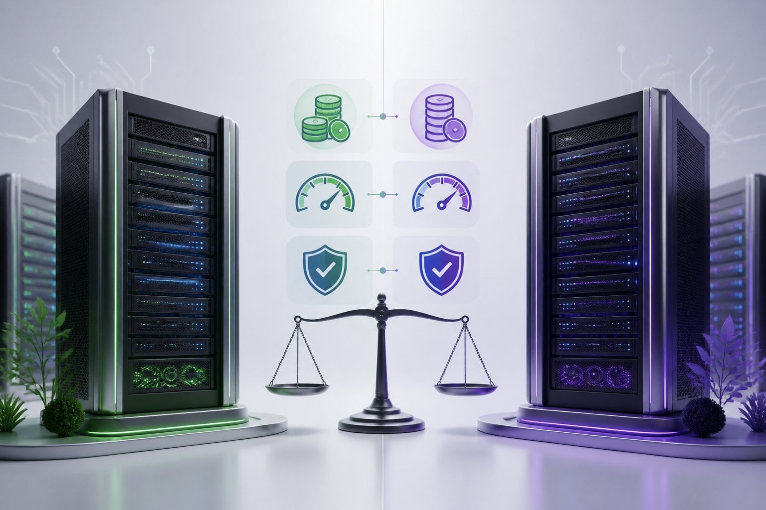 Two modern server racks side by side with icons representing value, speed, and reliability between them, illustrating a comparison of web hosting services.