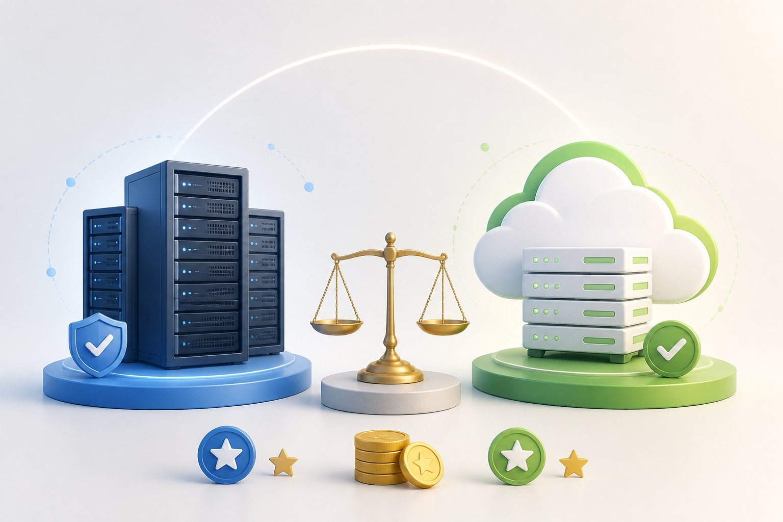 An illustration showing two server icons balanced on a scale, representing a comparison of value between two web hosting services.