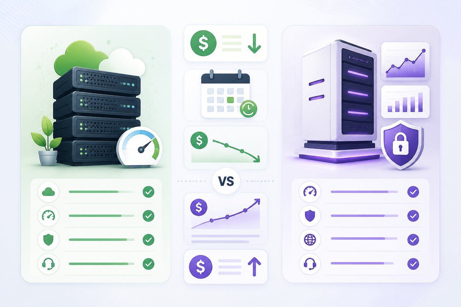An illustration showing two server icons side by side with symbols representing pricing and renewal costs between them.