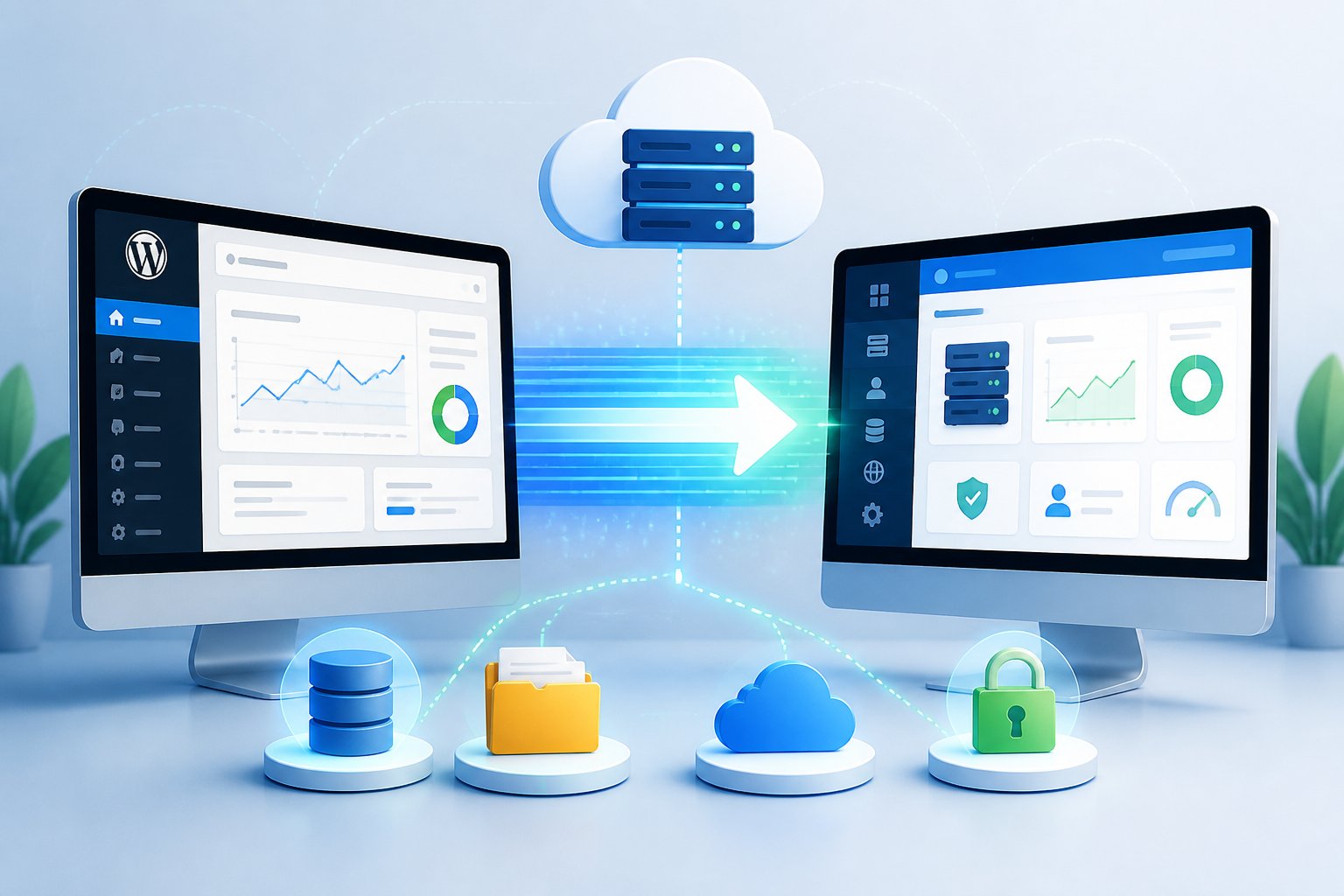 Two computer screens connected by a data transfer animation, showing a WordPress dashboard on one and a hosting control panel on the other, surrounded by icons representing database, files, cloud server, and security.