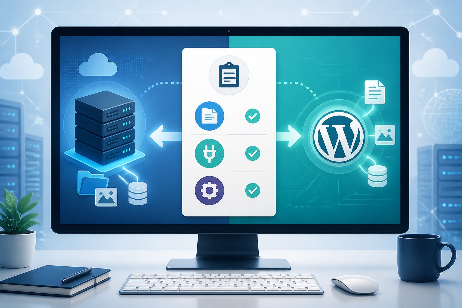 A computer screen showing a WordPress logo and a server with arrows between them, alongside icons representing different website migration methods.