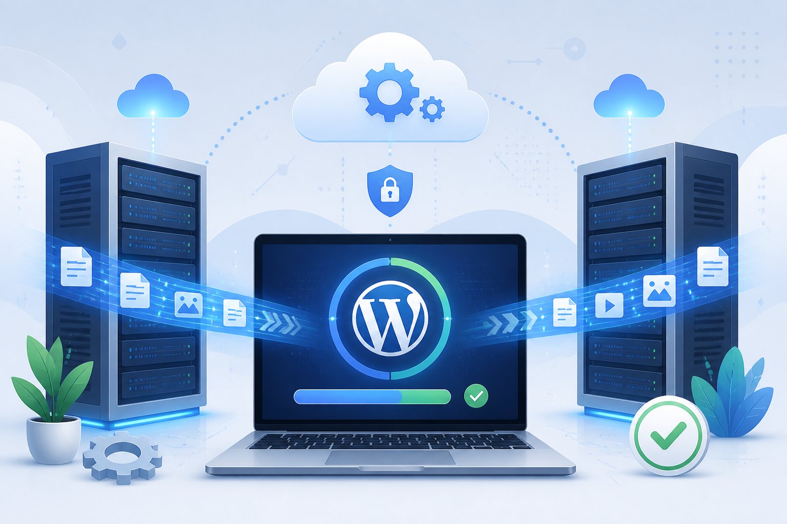 Two servers connected by a glowing data path transferring a WordPress website shown on a laptop screen, symbolizing a smooth website migration.